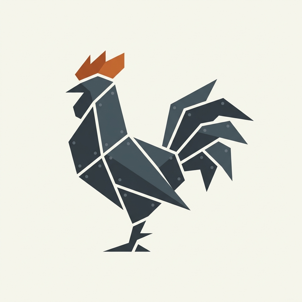 Iron Rooster logo: a rooster built from faceted iron plates joined by rivets, with a rust-coloured comb.